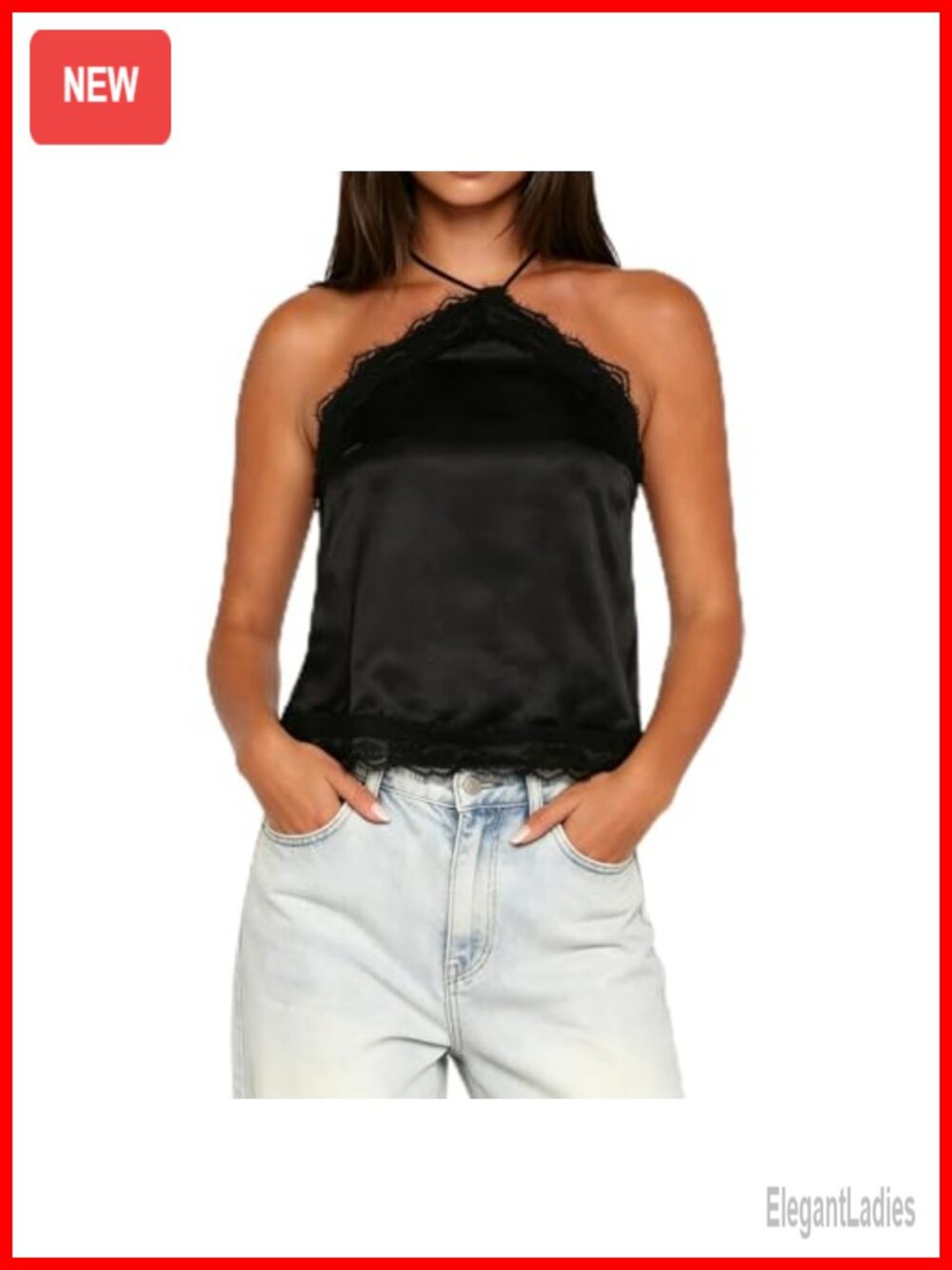 Satin Lace Halter Cami Self Tie Sleeveless Summer Going Out Top